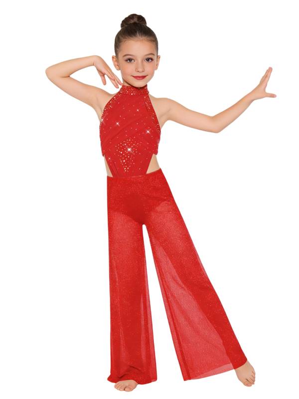 Girls Lyrical Dance Jumpsuit Sleeveless Rhinestone Halter Ballet Skating Leotard thumb