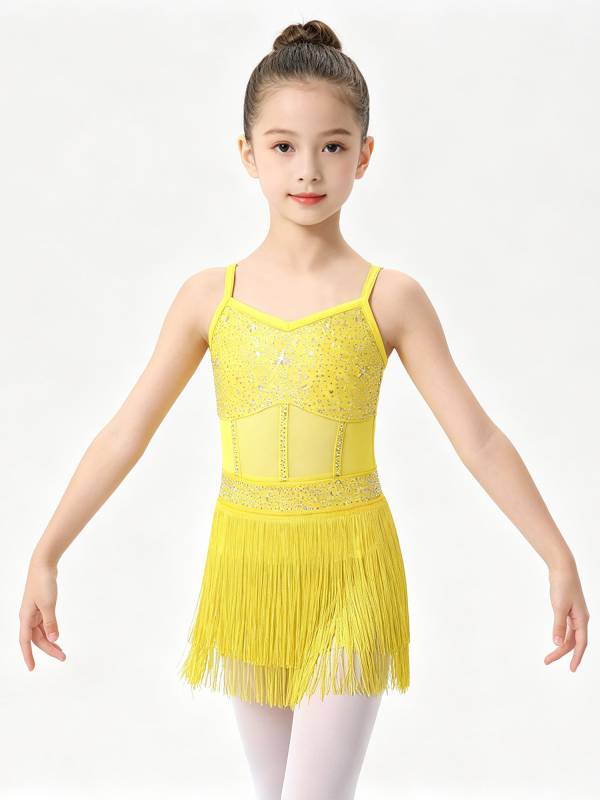 Kids Girls Rhinestone Sleeveless Fringed Latin Tango Dance Leotard Dress thumb