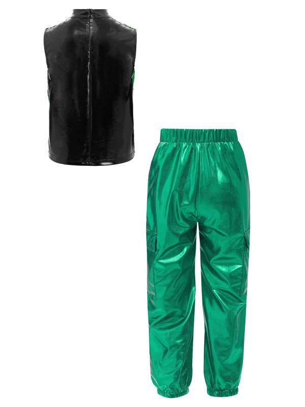 Boys Metallic Sequin Jazz Hip Hop Dance Set Sleeveless Top with Cargo Pants thumb