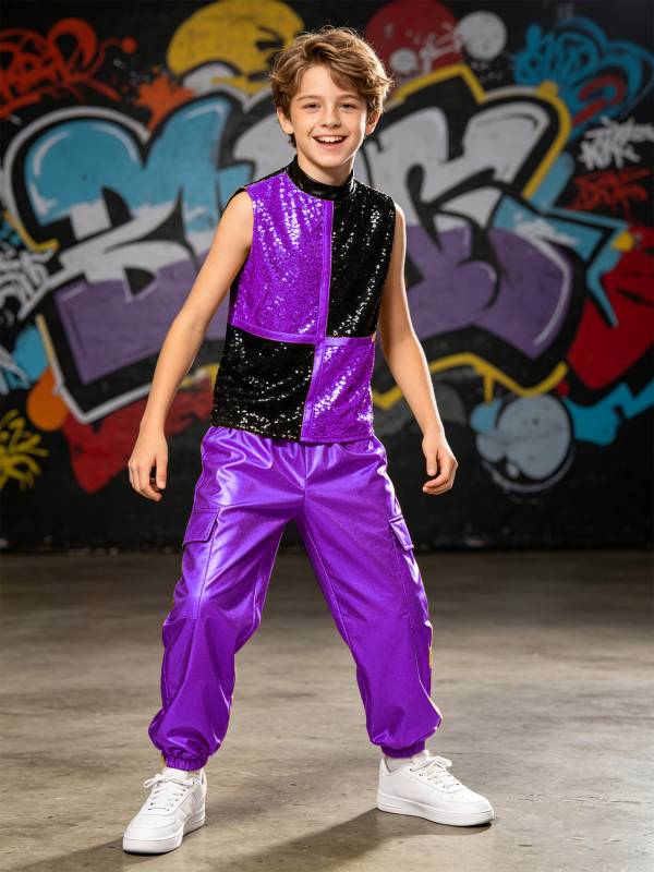Boys Metallic Sequin Jazz Hip Hop Dance Set Sleeveless Top with Cargo Pants thumb