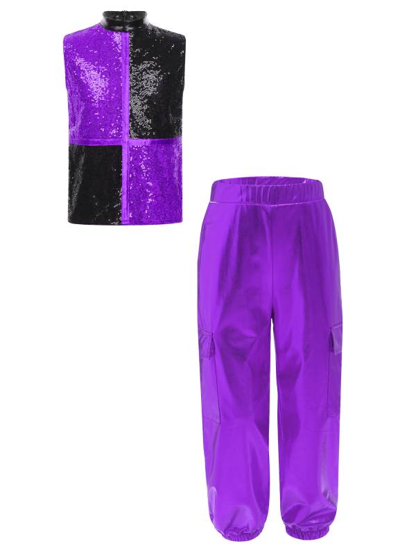 Boys Metallic Sequin Jazz Hip Hop Dance Set Sleeveless Top with Cargo Pants thumb