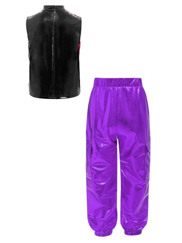 Boys Metallic Sequin Jazz Hip Hop Dance Set Sleeveless Top with Cargo Pants thumb