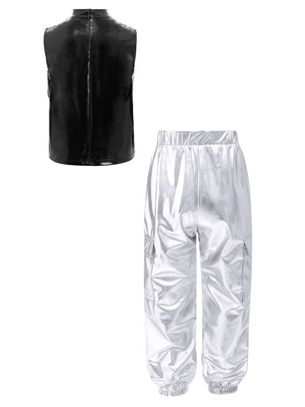 Boys Metallic Sequin Jazz Hip Hop Dance Set Sleeveless Top with Cargo Pants thumb