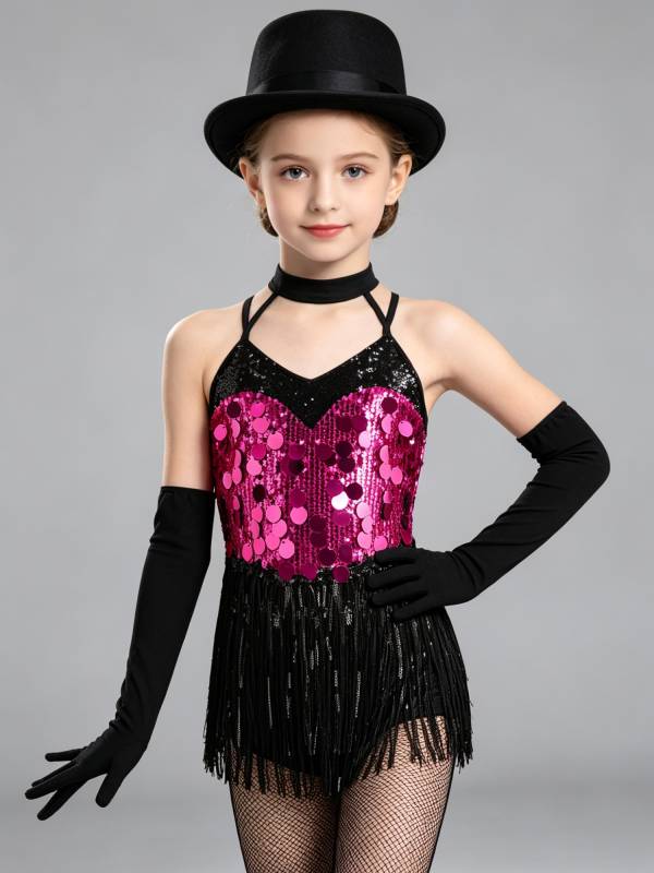 Girls Sequin Latin Fringe Dance Dress with Matching Gloves for Stage Competition thumb