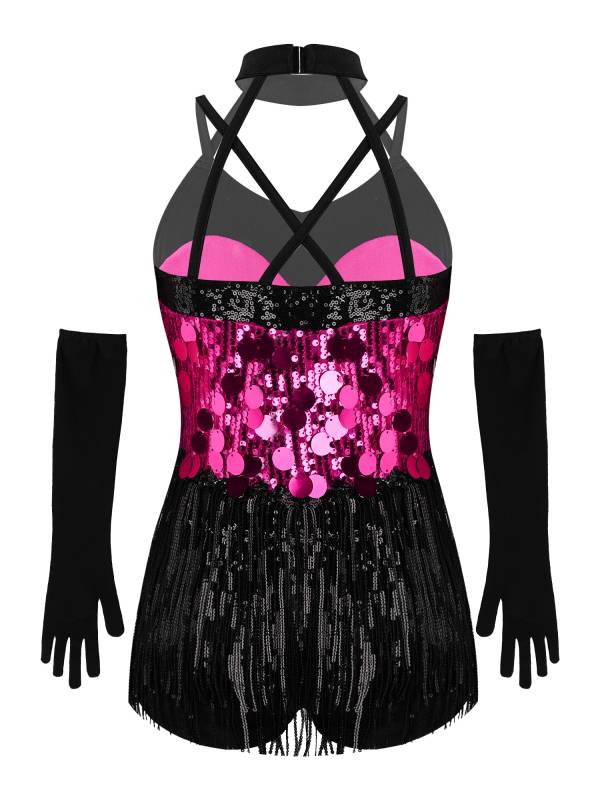 Girls Sequin Latin Fringe Dance Dress with Matching Gloves for Stage Competition thumb