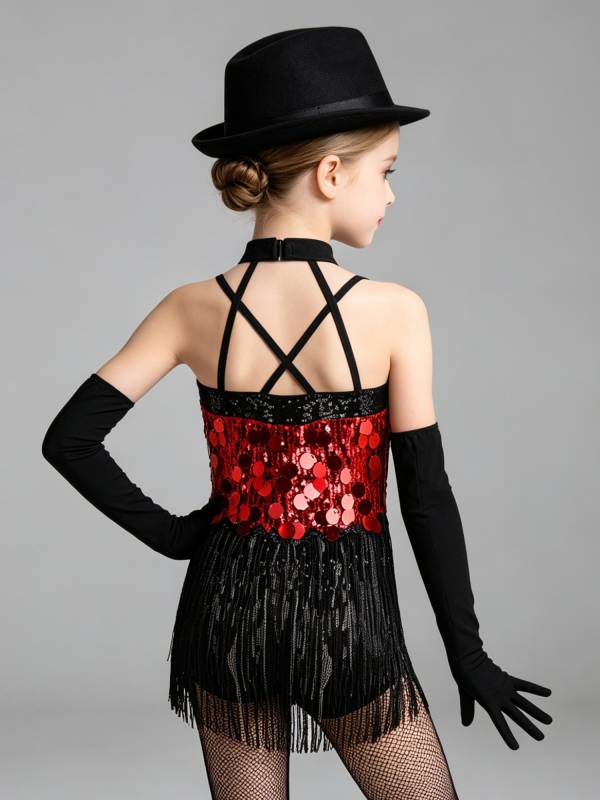 Girls Sequin Latin Fringe Dance Dress with Matching Gloves for Stage Competition thumb