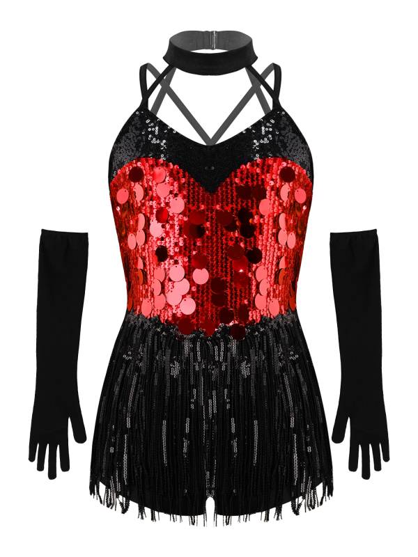 Girls Sequin Latin Fringe Dance Dress with Matching Gloves for Stage Competition thumb