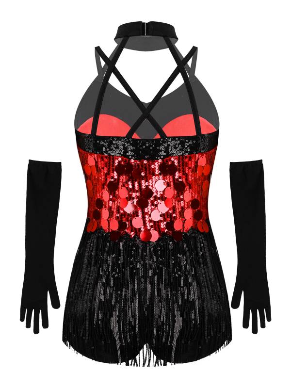 Girls Sequin Latin Fringe Dance Dress with Matching Gloves for Stage Competition thumb