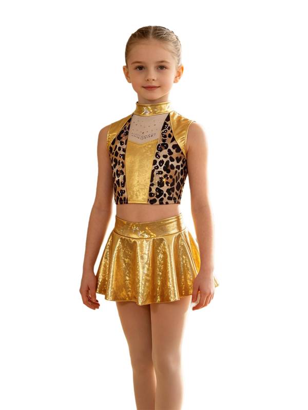 Girls Metallic Leopard Jazz Dance 2-Piece Set Top with Skirt for Recitals, Stage thumb