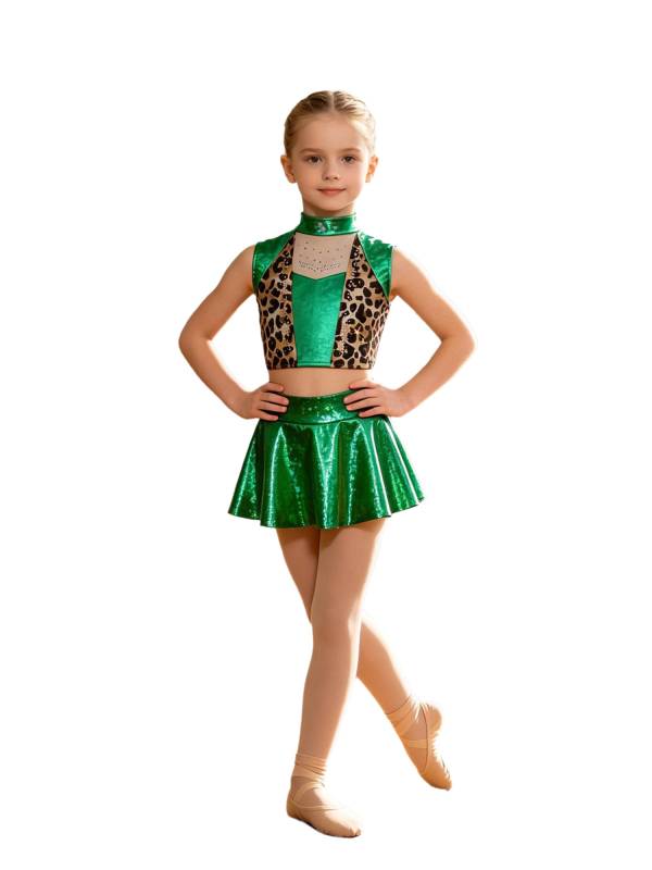 Girls Metallic Leopard Jazz Dance 2-Piece Set Top with Skirt for Recitals, Stage thumb
