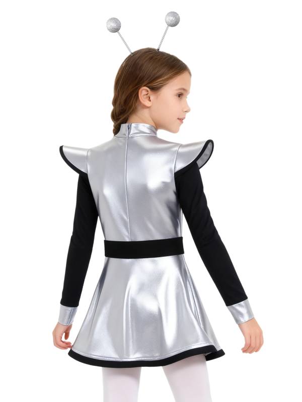 Kids Girls Outfit Fashion Dress Galaxy Alien Costume Dancewear Patchwork Gloss thumb