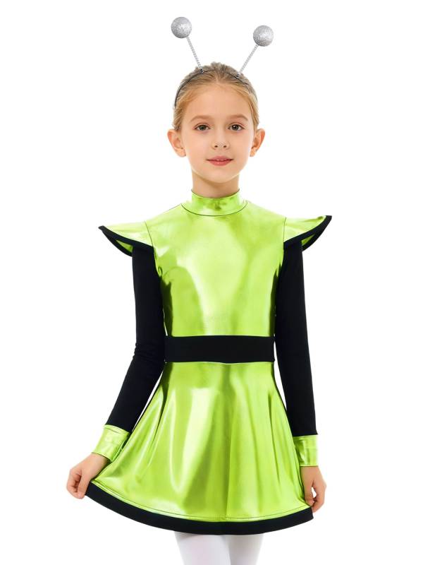 Kids Girls Outfit Fashion Dress Galaxy Alien Costume Dancewear Patchwork Gloss thumb