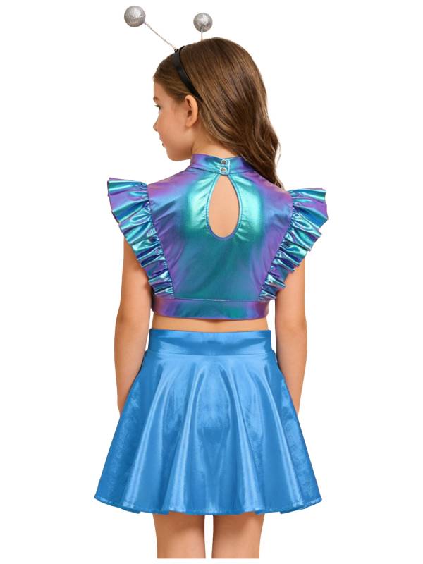 Kids Girls Outfit Metallic Costume Carnival Set Dancewear Cosplay Stage Alien thumb