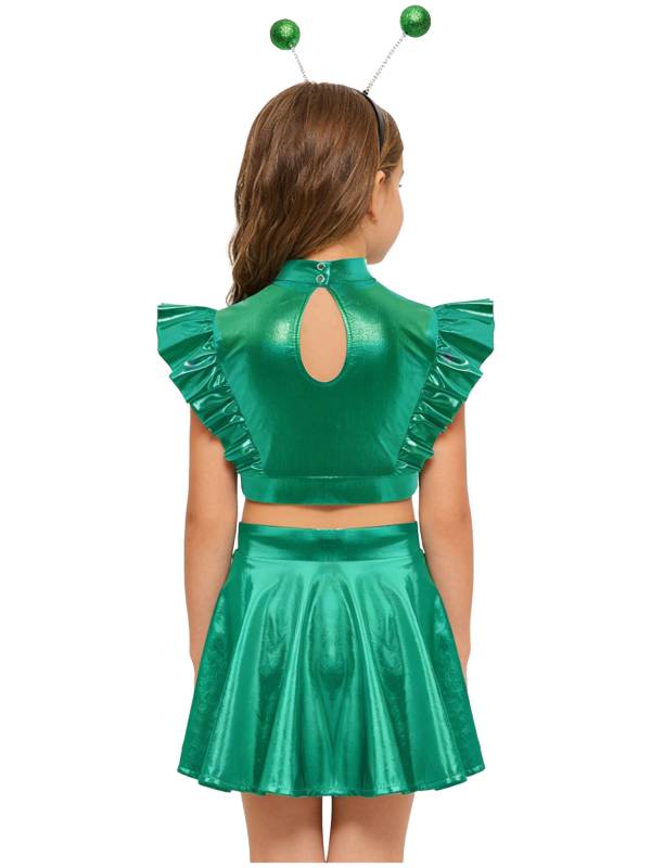 Kids Girls Outfit Metallic Costume Carnival Set Dancewear Cosplay Stage Alien thumb