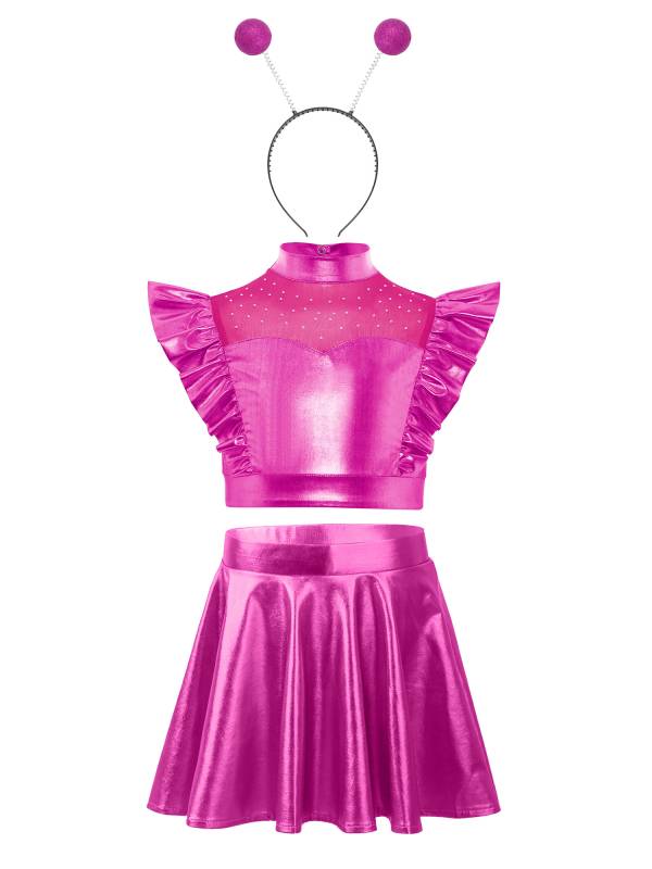 Kids Girls Outfit Metallic Costume Carnival Set Dancewear Cosplay Stage Alien thumb