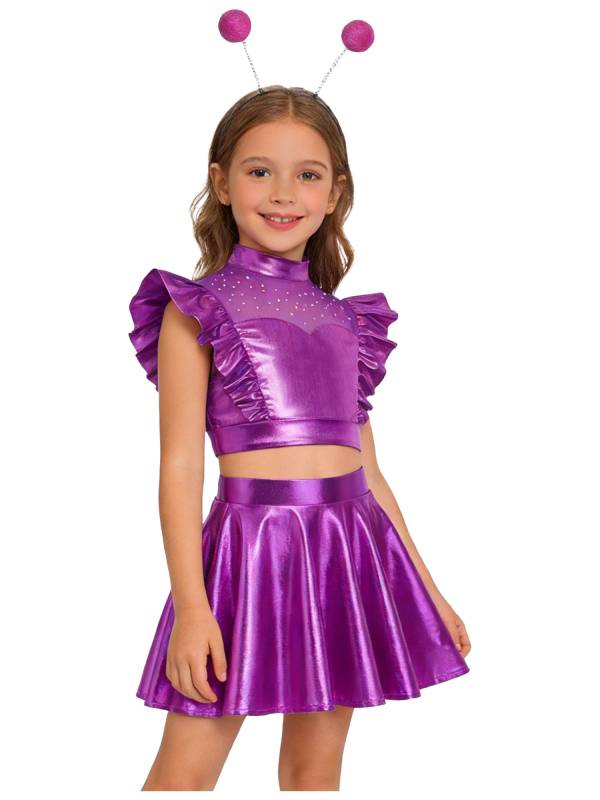 Kids Girls Outfit Metallic Costume Carnival Set Dancewear Cosplay Stage Alien thumb