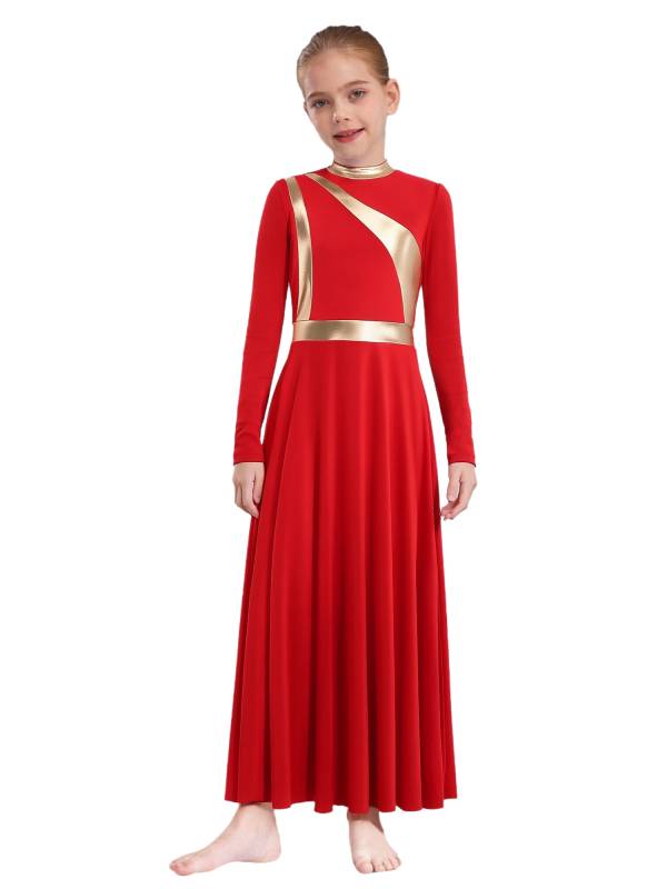 Girls Liturgical Praise Dance Dress Metallic Lyrical Maxi Gown for Church Choir thumb