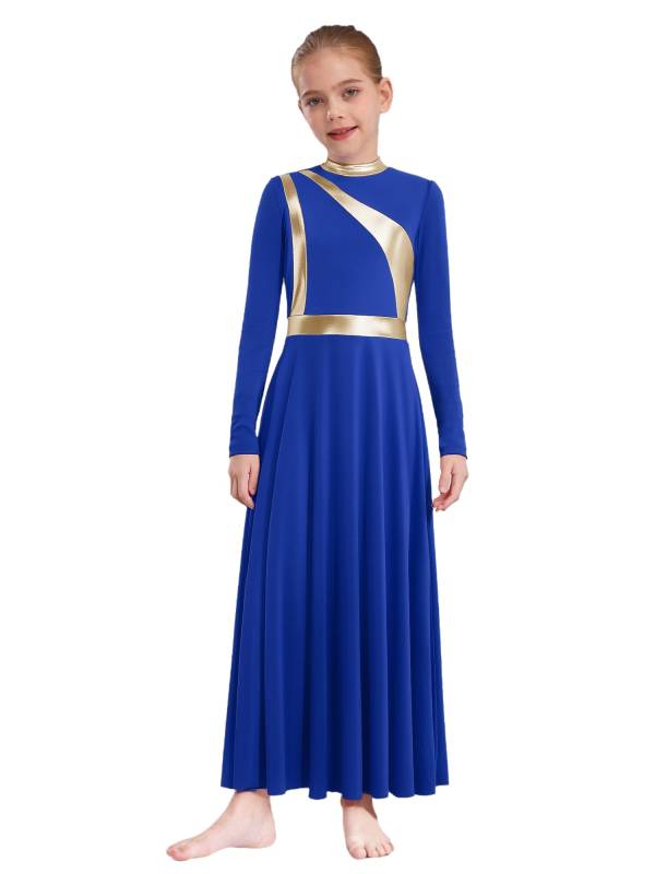 Girls Liturgical Praise Dance Dress Metallic Lyrical Maxi Gown for Church Choir thumb
