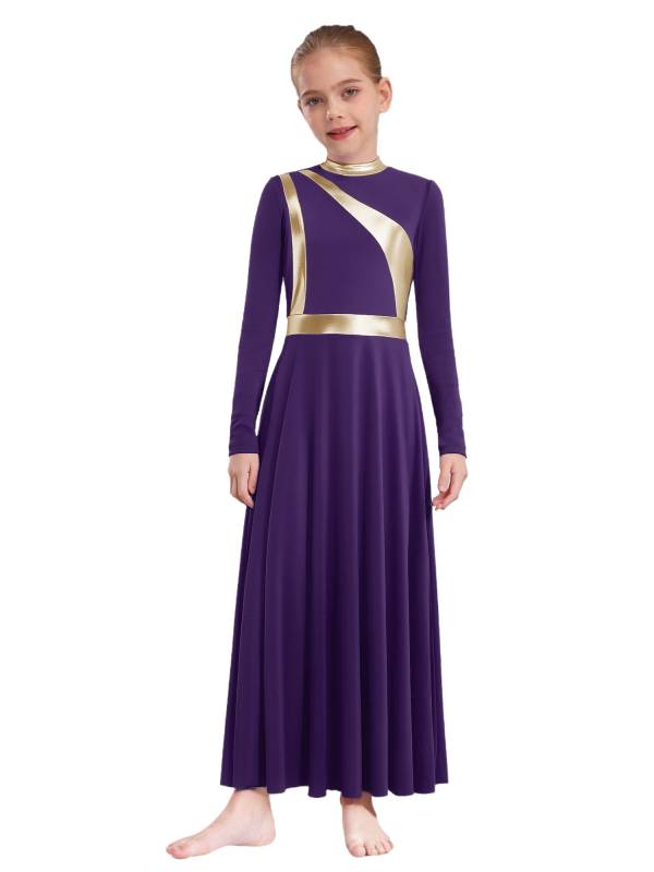Girls Liturgical Praise Dance Dress Metallic Lyrical Maxi Gown for Church Choir thumb