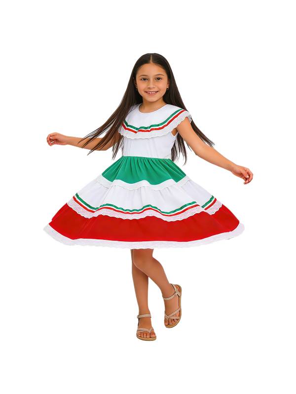 Girls Fiesta Dress Flared Folk Dress Lightweight Lace Edge Kids Tiered Dress thumb