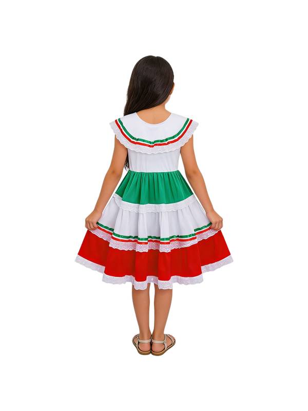 Girls Fiesta Dress Flared Folk Dress Lightweight Lace Edge Kids Tiered Dress thumb