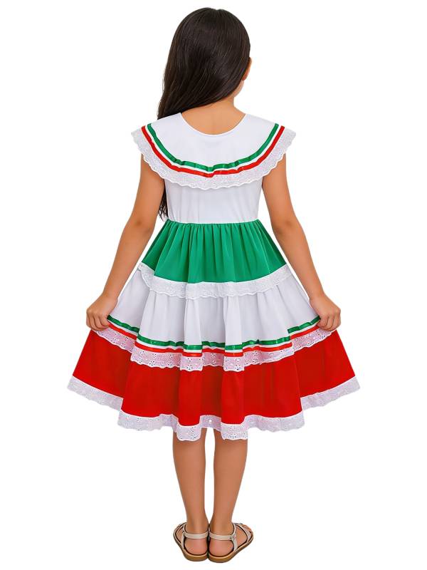 Girls Fiesta Dress Flared Folk Dress Lightweight Lace Edge Kids Tiered Dress thumb