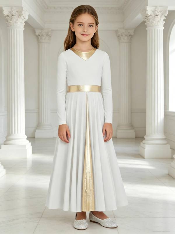 Girls Liturgical Praise Dance Dress Metallic Maxi Robe for Church Worship, Choir thumb