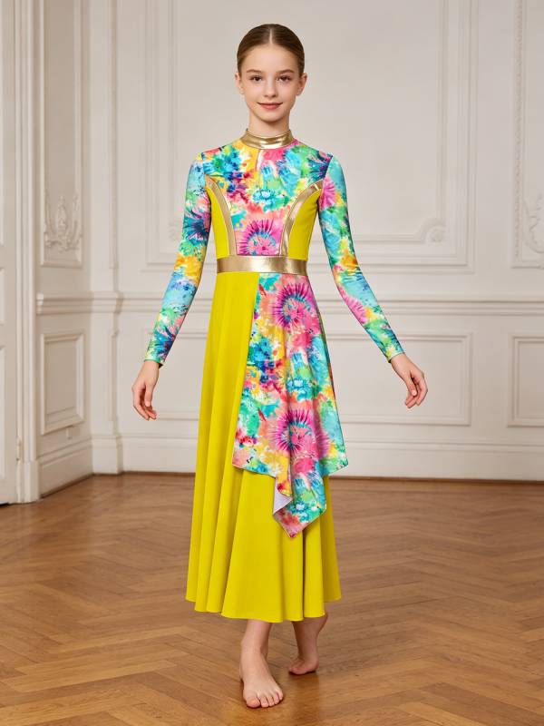 Girls Printed Praise Worship Dress Asymmetrical Drape Liturgical Gown for Choir thumb