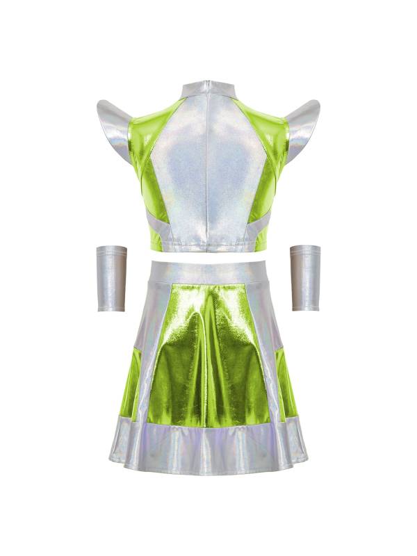 CHICTRY Girls 3 Pieces Halloween Alien Cosplay Costume Outer Space Cutie Outfit Cap Sleeve Glossy Metallic Color Block Short Top and Skirt with Oversleeves for Role Play Party thumb