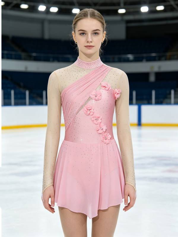 Women 3D Flower Rhinestone Figure Skating Dress Chiffon Lyrical Dancewear thumb