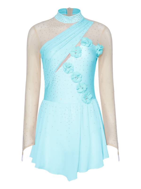 Women 3D Flower Rhinestone Figure Skating Dress Chiffon Lyrical Dancewear thumb