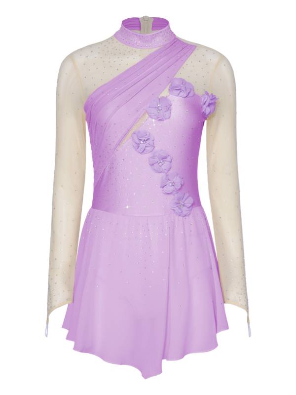 Women 3D Flower Rhinestone Figure Skating Dress Chiffon Lyrical Dancewear thumb