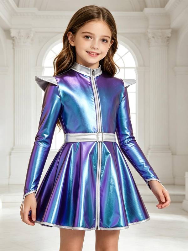 Girls Metallic Long Sleeve Alien A-Line Dress Robot Costume for Halloween Party thumb