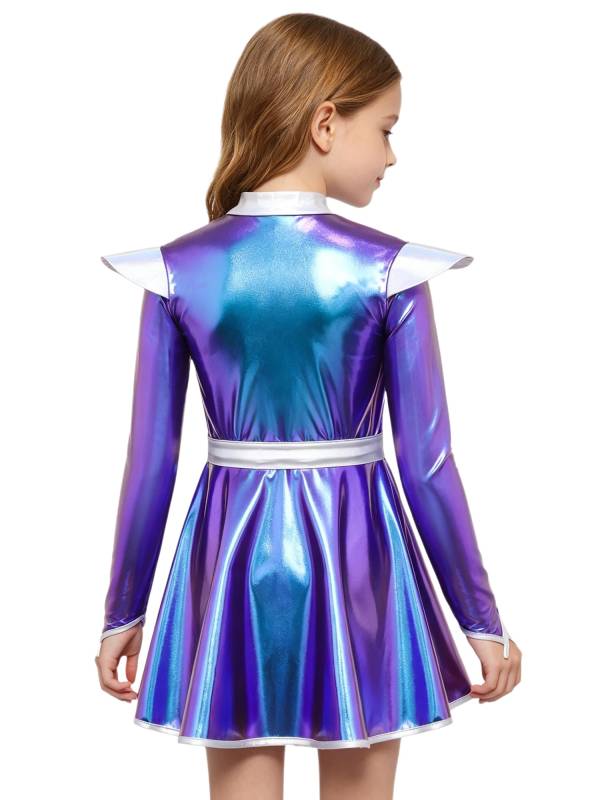 Girls Metallic Long Sleeve Alien A-Line Dress Robot Costume for Halloween Party thumb