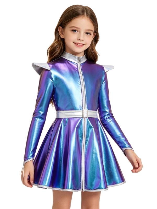 Girls Metallic Long Sleeve Alien A-Line Dress Robot Costume for Halloween Party thumb