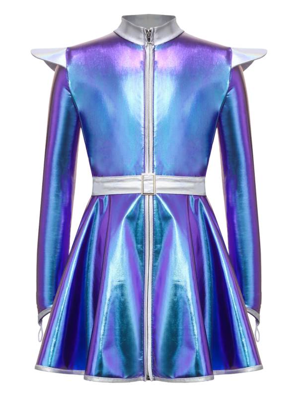 Girls Metallic Long Sleeve Alien A-Line Dress Robot Costume for Halloween Party thumb