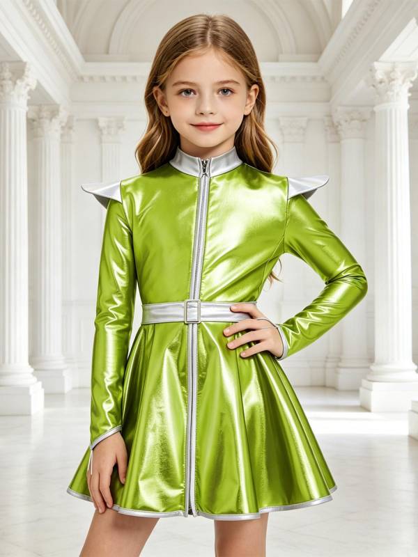 Girls Metallic Long Sleeve Alien A-Line Dress Robot Costume for Halloween Party thumb
