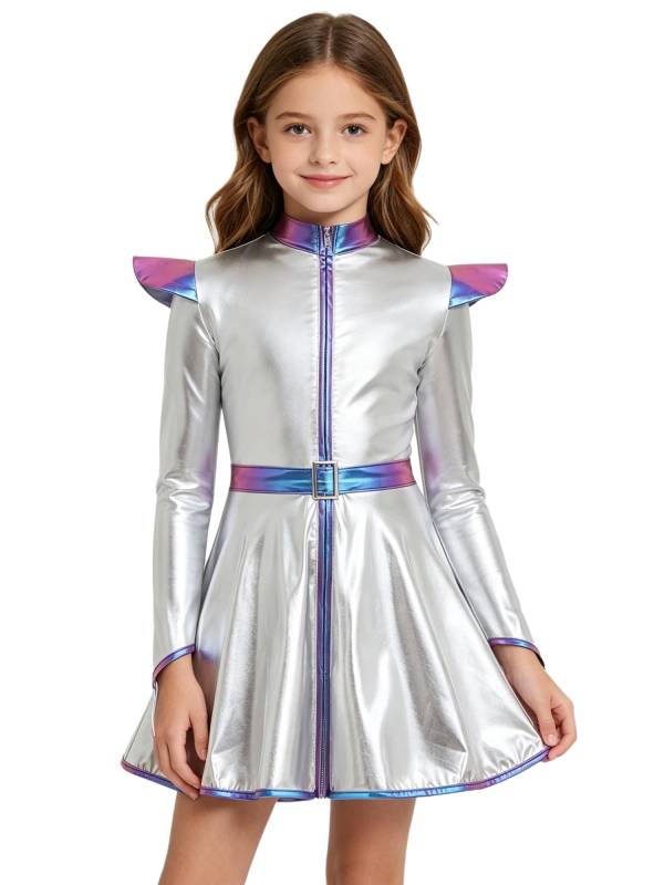 Girls Metallic Long Sleeve Alien A-Line Dress Robot Costume for Halloween Party thumb