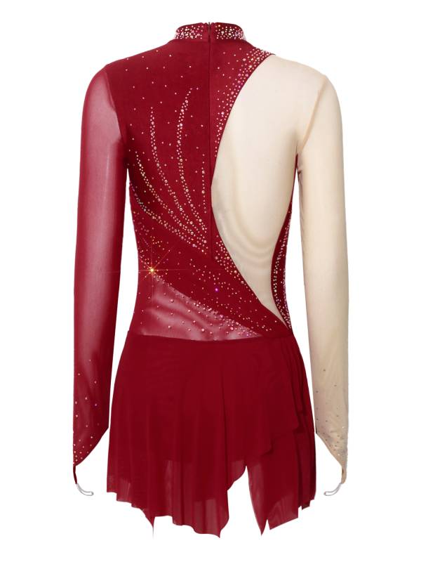 Women Rhinestone Mock Neck Figure Skating Dress for Gymnastics & Latin Dance thumb