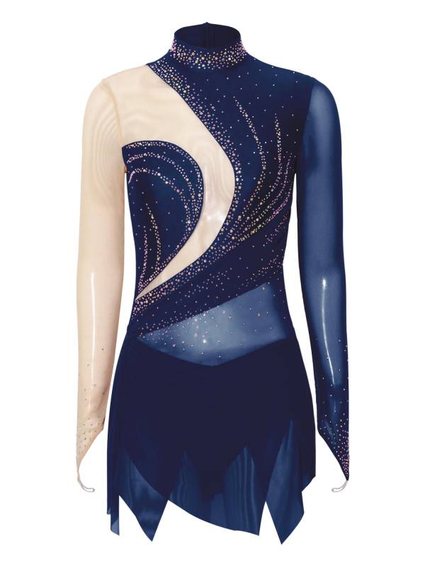 Women Rhinestone Mock Neck Figure Skating Dress for Gymnastics & Latin Dance thumb