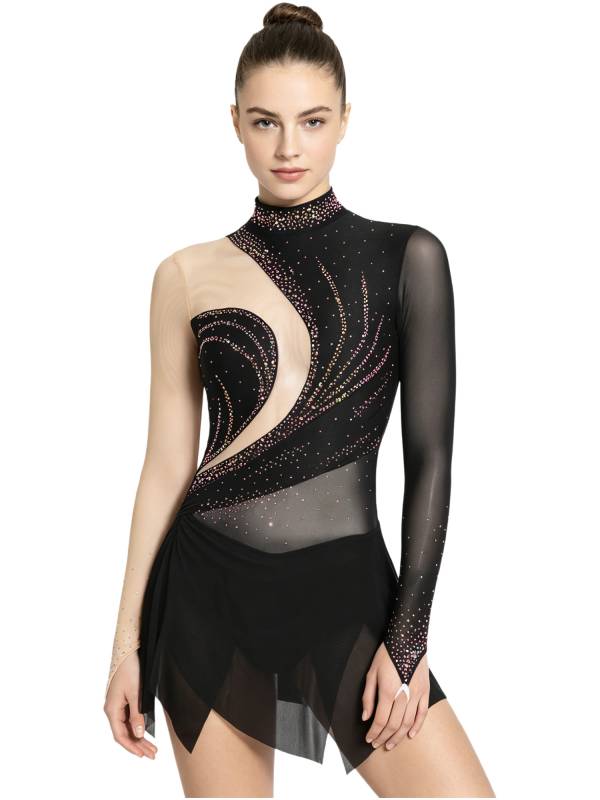 Women Rhinestone Mock Neck Figure Skating Dress for Gymnastics & Latin Dance thumb