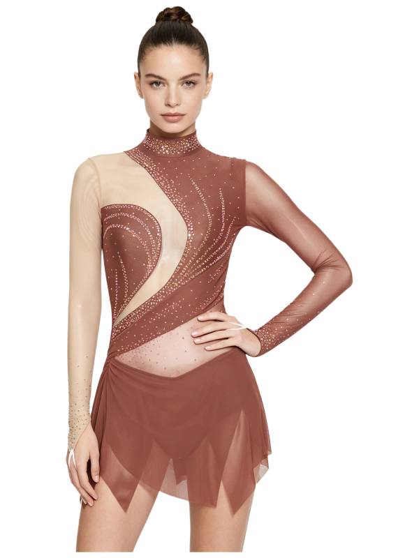 Women Rhinestone Mock Neck Figure Skating Dress for Gymnastics & Latin Dance thumb