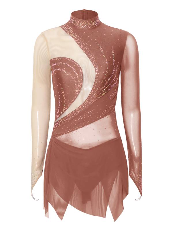 Women Rhinestone Mock Neck Figure Skating Dress for Gymnastics & Latin Dance thumb