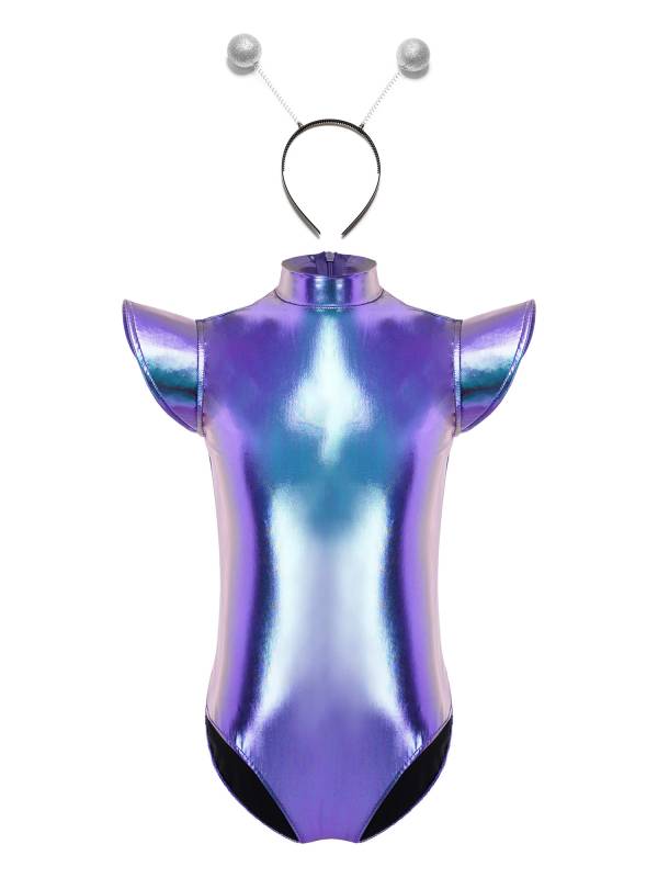 Girls Metallic Cap Sleeve Alien Cosplay Leotard with Hair Hoop for Halloween thumb