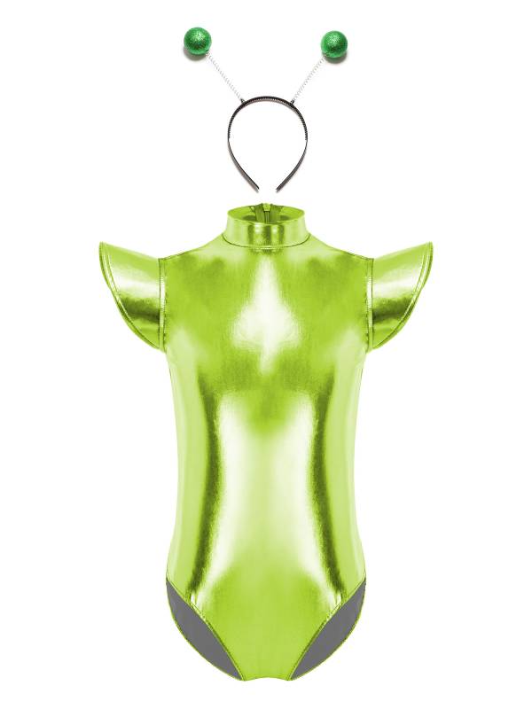Girls Metallic Cap Sleeve Alien Cosplay Leotard with Hair Hoop for Halloween thumb