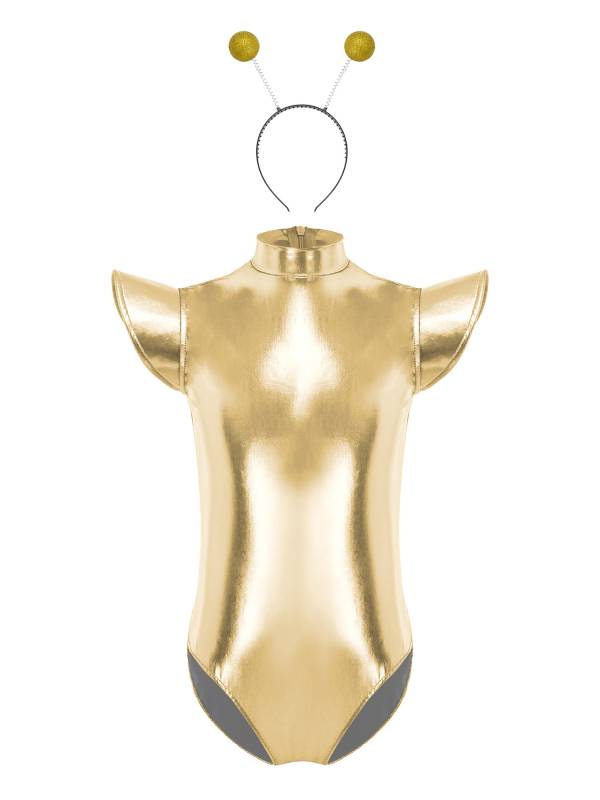 Girls Metallic Cap Sleeve Alien Cosplay Leotard with Hair Hoop for Halloween thumb