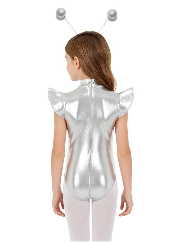 Girls Metallic Cap Sleeve Alien Cosplay Leotard with Hair Hoop for Halloween thumb