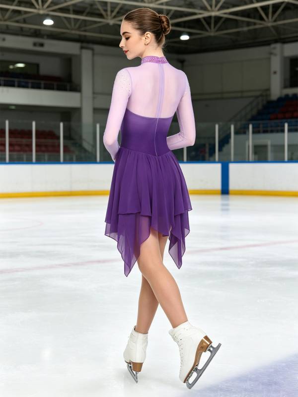 Women Gradient Long Sleeve Figure Skating Dress Lyrical Dancewear thumb