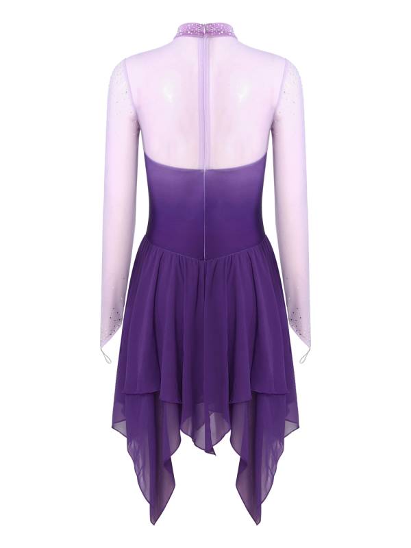 Women Gradient Long Sleeve Figure Skating Dress Lyrical Dancewear thumb