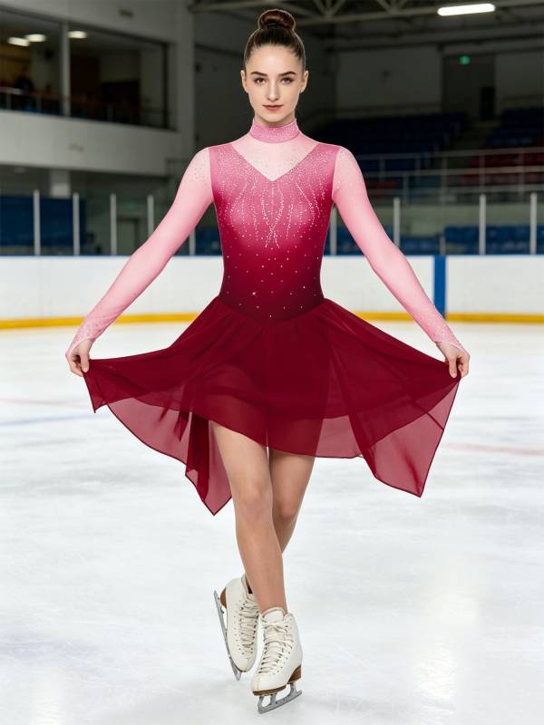Women Gradient Long Sleeve Figure Skating Dress Lyrical Dancewear thumb